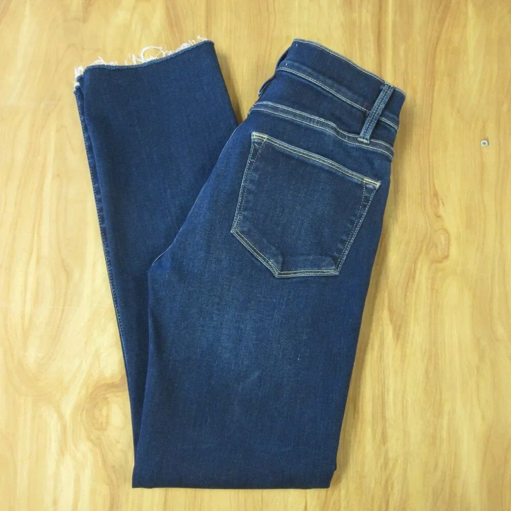 FRAME Le High Rise‎ Straight Leg Jeans Size 25 Sanctuary Dark Blue Denim Raw Hem